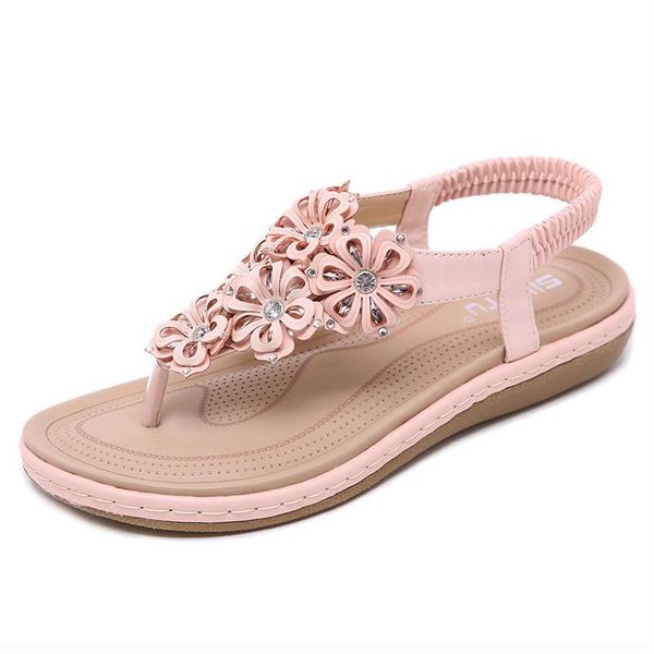 women shoes plus size 35-42 sandals bohemian rhinestone flowers flat summer beach flip flops ladies slippers, Black
